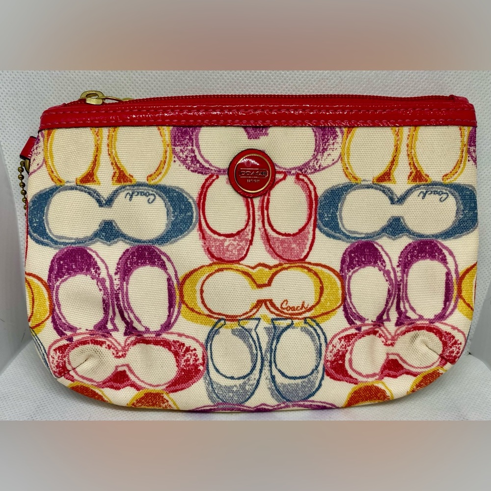 Coach Signature canvas print wristlet with strap multi color with red interior